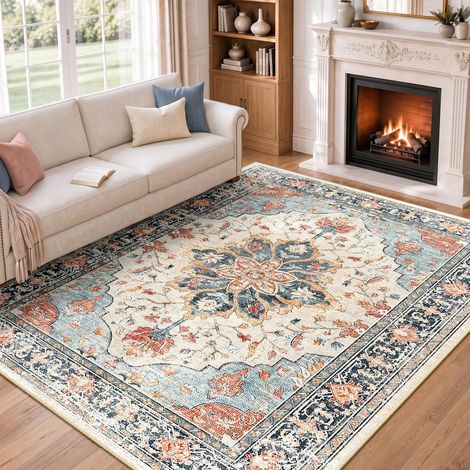Vintage Tapis de Salon 150x210 cm Lavable Beige/Bleu/Orange Tapis Salon, Tapis Chambre, Lavable en Machine, Vintage, Boho, Rétro, Antidérapant, Cuisine, Salle à Manger, Douce, OEKO (1/5)