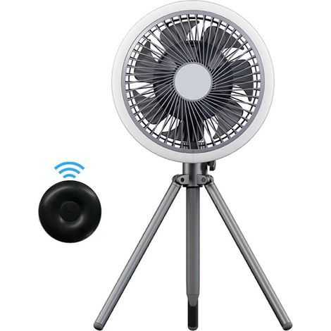 Ventilateur de camping télécommandé avec lanterne LED et ventilateur de plafond oscillant sur trépied (1/4)