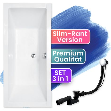 Badewanne Rechteck 175x80, Ablaufgarnitur & Füßen GRATIS - Komplettset 3in1 Original Acryl Wanne Premium Siphon - Made in EU - BADLAND QUADRO SLIM