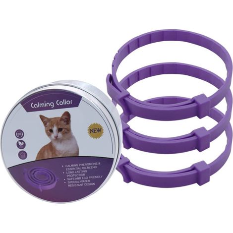 Neue, verstellbare, wasserdichte Beruhigungshalsbänder für Hunde und Katzen – 3er-Pack in einer Aluminiumbox, lila für Katzen (1/4)