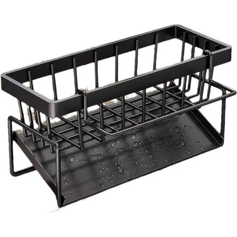 SHINING HOUSE Organizador de fregadero de cocina negro, multifuncional, 2 en 1, soporte para esponja, sin perforaciones, organizador de fregadero de acero inoxidable, almacenamiento para líquido lavav (1/4)
