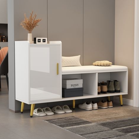 Meuble à chaussures blanche brillante avec rangement, siège rembourré, pour entrée, couloir, salon, chambre