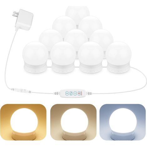 Luminaire LED pour miroir de maquillage, 3000K 4500K 8000K, luminosité réglable sur 10 niveaux, 10 ampoules incluses, adaptateur secteur de 5,8 mètres, éclairage Hollywood pour miroir pleine hauteur (1/5)