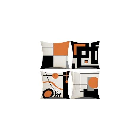 Housse de Coussin Moderne Géométrique Noir et Orange 45x45 cm, Set de 4, Taie d'Oreiller pour Salon, Chambre et Jardin
