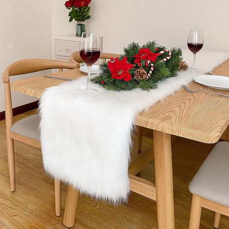 Chemin De Table Noel,Chemin De Table Blanc,Chemin de Table Moderne en Fourrure Synthétique Douce pour Halloween Mariage Noël Décorer Table à Manger La Fenêtre,Cheminées (30 x 120 cm (1/5)