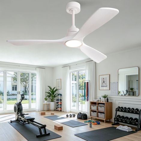 Ventilateur de plafond 132 cm en métal et bois blanc, télécommande, salon moderne FloraGrace (1/5)