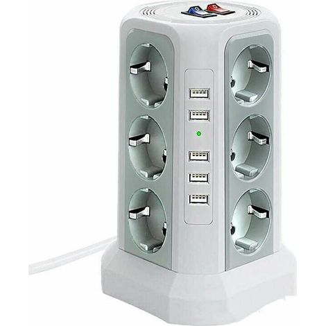 Tour multiprise parafoudre et surtension, Multiprise Electrique avec 5 Ports USB et 12 Prises, multiprise avec et 3 Interrupteurs, Blanc (1/5)