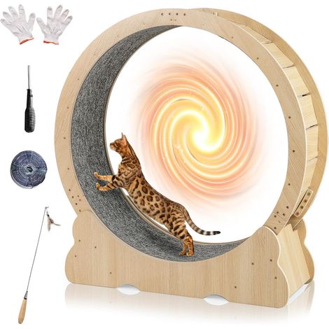 COSTWAY Ruota per Esercizio per Gatti da Interno 101 cm, Tapis Roulant per Gatti con Meccanismo di Blocco, Corsa con Moquette Rimovibile, Ruota di Allenamento in Legno a Rumore Ultra Basso (1/4)