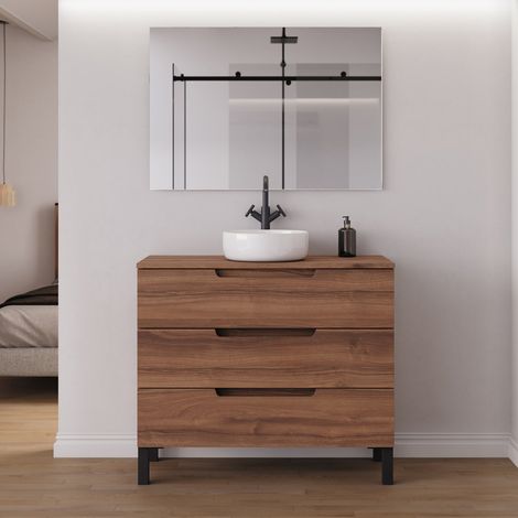 Meuble de salle de bain 100cm avec plateau et vasque à poser ronde - 3 tiroirs - noyer (bois foncé) - RIZA (1/5)