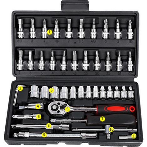 Kit de 46 pièces de douilles et embouts de tournevis 1/4 pouce, cliquet et porte-embouts, jeu d'outils de réparation industrielle noir. (1/5)