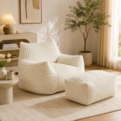 Fauteuil lounge avec pouf 103 cm - chaise longue tissu côtelé avec assise enveloppante - mousse haute résilience - relax gain de place - Blanc (1/5)