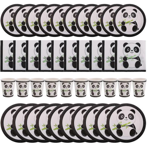Ensemble de 1 assiette, serviettes et gobelets jetables en papier à motif panda adorable - Fournitures d'anniversaire-22.50X22.50X2.00CM-White