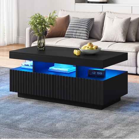 Mesa de centro (100x50x45 cm), con dos cajones, espacio abierto, iluminación LED, tablero de partículas, negro (1/5)