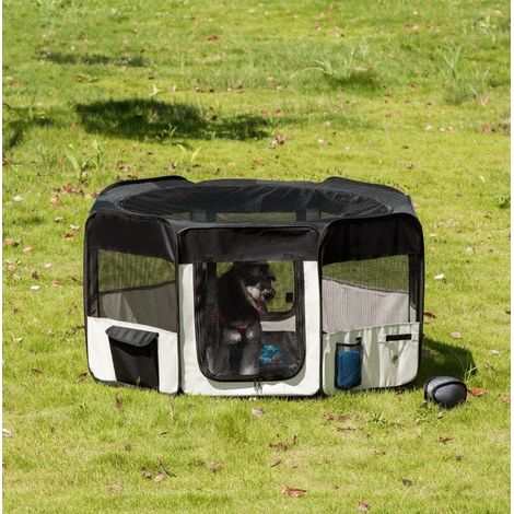 Parco per cuccioli pieghevole con rete di protezione, Ø120 x 58 cm, nero e bianco HAVRYA (1/4)