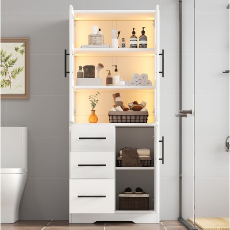 Armadio bagno 72x35x170 cm bianco in MDF e vetro con LED, 3 cassetti e ripiani regolabili (1/5)