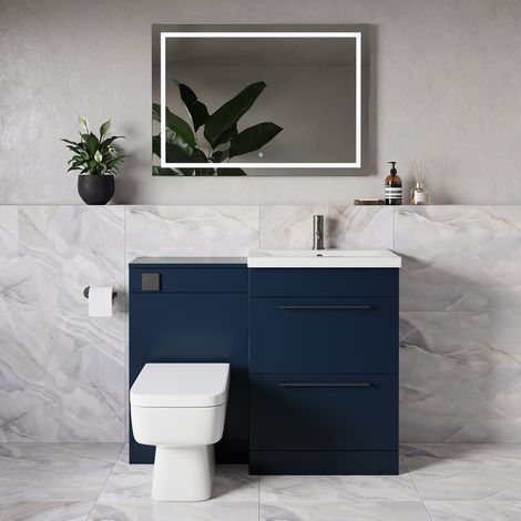 Napoli 390 Deep Blue 1100mm 2 Drawer Vanity Unit Toilet Suite with Glide Basin - 1100mm - Gunmetal Grey 320mm HandleWith Kingston Toilet Pan and Seat