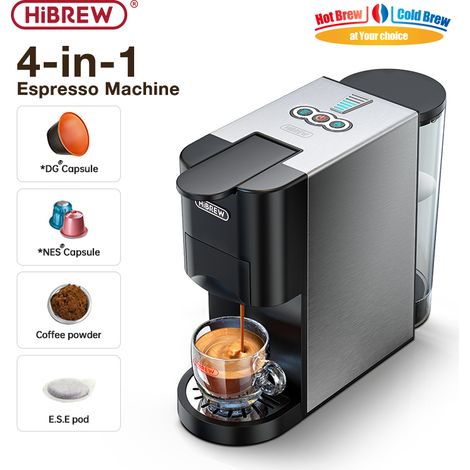 HiBREW H3D 4-in-1-Espressomaschine, kompatible DG/NES-Kapseln, Pulver und E.S.E-Pad, 20 Riegel, 800-ml-Tank, heißer/kalter Kaffee