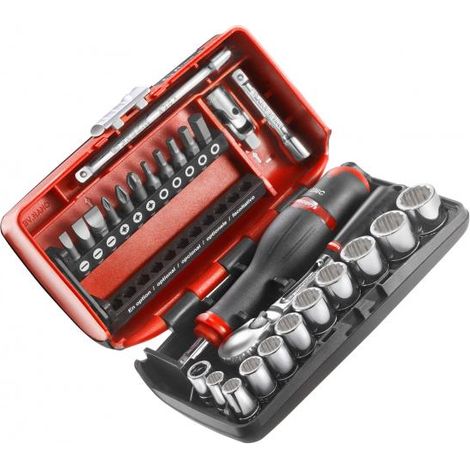 Facom – Coffret cliquet et douilles 1/4' 12 pans – 10 douilles métriques de 5,5 à 14 mm – Embouts haute performance pour vis cruciformes et 6 pans – Cardan universel (1/6)