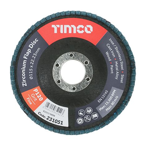 TIMCO Flap Disc Zirconium Type 29 Conical P120 Grit - 115 x 22.23