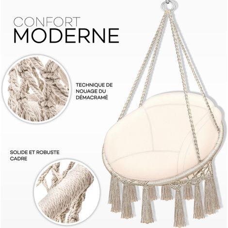 Sedia sospesa con cuscino grande 200 kg  Poltrona relax con frange - per interni ed esterni  Amaca con comodi cuscini di seduta  Kit di sospensione (1/4)