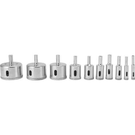 Lot de 10 forets diamantés pour la découpe du verre, du carrelage, de la céramique, du marbre et de la porcelaine (diamètres : 8, 10, 14, 16, 18, 22, 26, 38, 45 et 50 mm). (1/5)