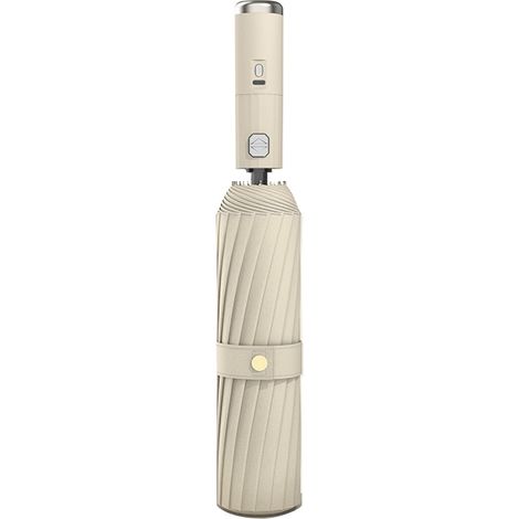 Parasol Solaire 3-en-1 avec Ventilateur et Brumisateur - Protection UV - Pliable - Batterie Rechargeable par USB - Pour Plage Pique-Nique Pêche Golf - Beige (1/5)