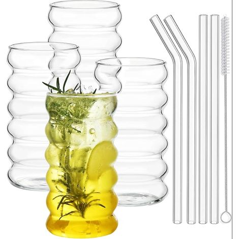 verres à cocktail en verre transparent avec pailles et brosse design ondulé lavable en machine pour les cocktails le lait les sodas cadeaux (1/5)