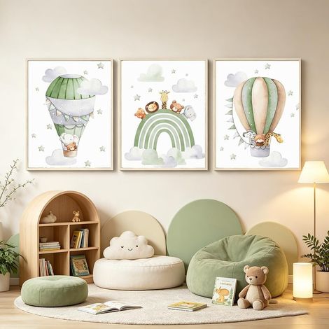 3 Affiche Chambre Bebe Vert Arc en Ciel Montgolfière Animaux Enfant Tableau Nordique Decoration Murale Garcon ou Fille 30x40cm Poster Deco Cadeau sans Cadre (1/5)