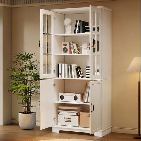 Vitrine haute blanche 80 x 38 x 180 cm avec 2 portes vitrée et 2 portes pleines, 5 étagères, REDOM (1/5)