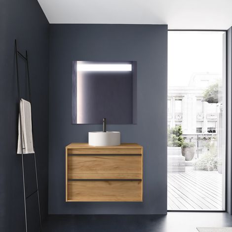 Hängender Badezimmerschrank 80 cm aus Ostippo-Eichenholz mit Waschbecken - Astoria - 80 cm Mit Doppelsäule Lampe - Accessorio: Con specchio e lampada LED - Misura: 80 cm