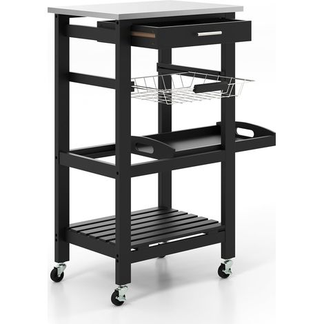 Carrello da cucina con piano in acciaio inox, nero, 47x39x85 cm