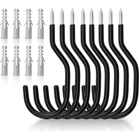 Lot de 8 crochets noirs pour vélo, rangement de garage et abri de jardin, crochets de plafond, support mural avec revêtement en plastique pour suspension murale de vélo (1/4)