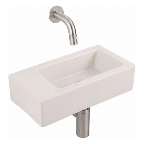 QeramiQ Fuente Lavabo pour WC - 38x18.5x9 cm - ceramique - sans trou de robinet de Lavabo pour WC - robinet de Lavabo pour WC inox brosse - siphon bas (1/5)
