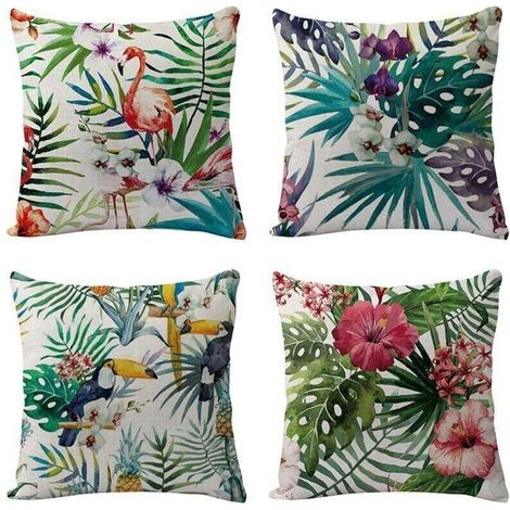 Set mit 4 dekorativen Kissenbezügen mit tropischem Pflanzen- und Vogelmuster, Dekoration für Sofa, Schlafzimmer, Wohnzimmer, Terrasse, 45 x 45 cm
