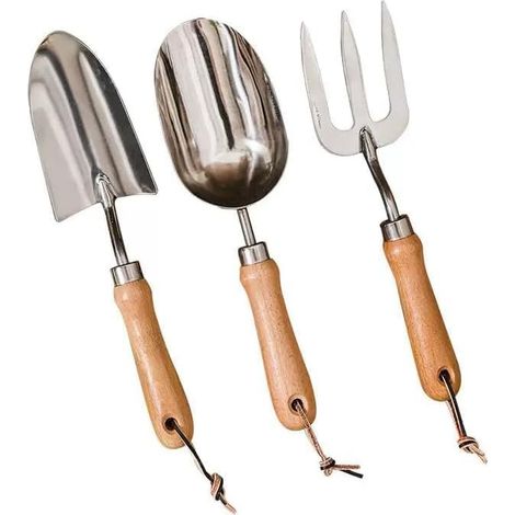 Ensemble d'outils de jardinage : pelle, râteau et fourche en acier inoxydable avec manches en bois résistants. Kit de plantation et de rempotage idéal pour les jardiniers amateurs. (1/5)