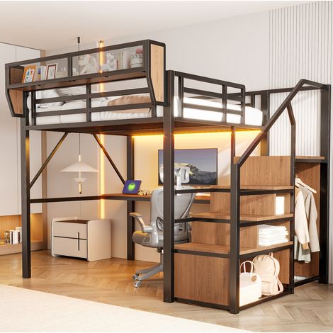 Letto a soppalco 140x200 in metallo con scrivania LED OKMYHOME (1/5)