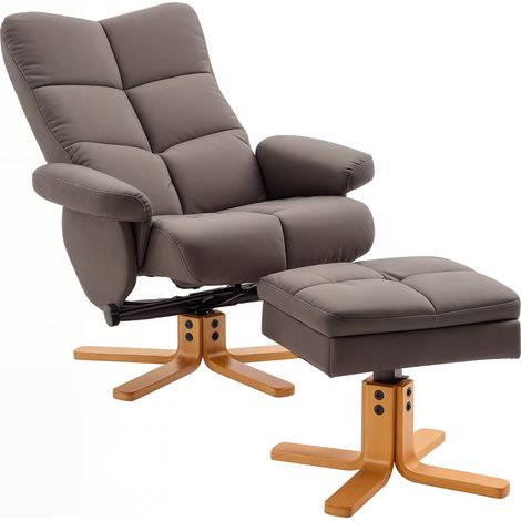 Brown PU Leather Swivel Recliner Chair with Footstool and Wooden Base,Stylish Living Room Seating with Storage