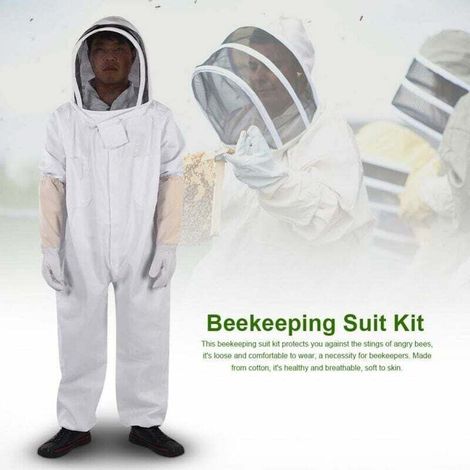 Tuta da apicoltore professionale, equipaggiamento protettivo anti-ape con guanti lunghi e cappuccio con velo per apicoltore - Bianco (1/3)