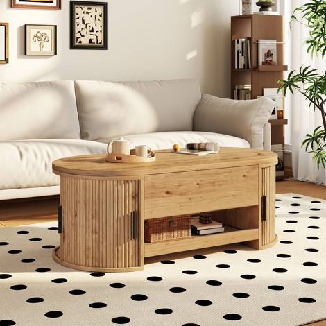 Table basse relevable ovale, 110 x 55 x 55 cm, coffre de rangement et plateau coulissant, en MDF, pour salon, Naturel (1/5)