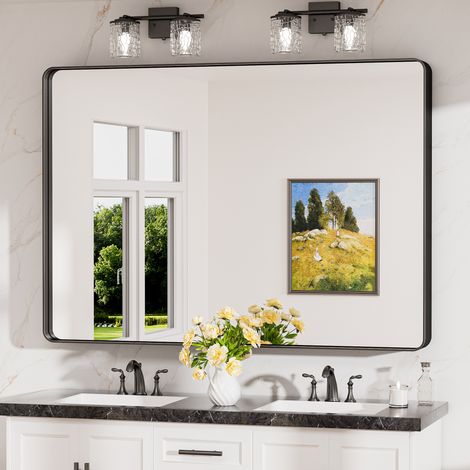 Keonjinn Miroir salle de bains 120x90cm en verre trempé résistant, Miroir mural avec cadre en aluminium, WC miroir rectangulaire pouvant être posé verticalement et horizontalement, Noir