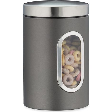 6x Barattolo, con Coperchio, Finestra Trasparente, 1,4 L, Caffè, Sale, Zucchero, Pasta, Cucina, Metallo, Grigio