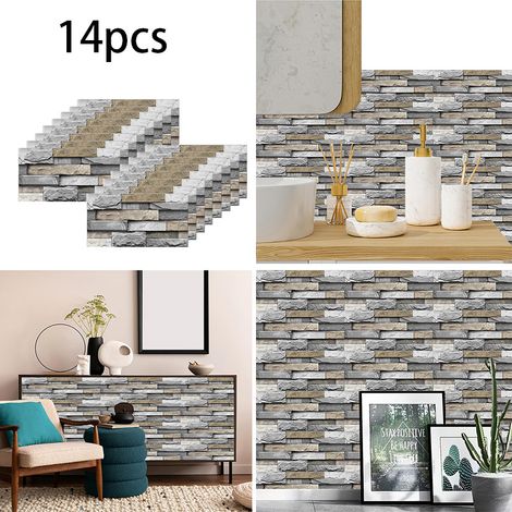 Parure Murale Rétro 28x14cm - 14 Carrés Adhésifs PVC Aspect Pierre Cuite (1/5)