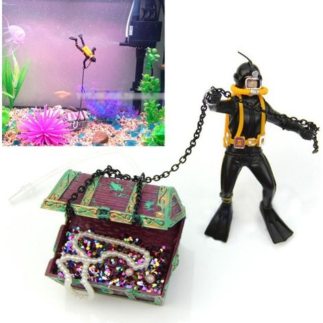 Black Treasure Hunter Ornament Aquarium Fish Action Figure Diver Underwater Diver Treasure Chest Tan (1/5)