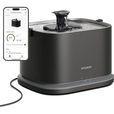 Fontaine a Eau Chat, Fontaine à Eau Intelligente Dockstream 2 avec App, Abreuvoir Automatique pour Chat 3L, Distributeur Eau d'Intérieur pour Chien en Acier Inoxydable avec Wi-FI 5 GHz, Noir (1/5)