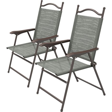 Set of Two Folding Garden Chairs, Fabric Mesh Seats - Dark Grey (1/5)