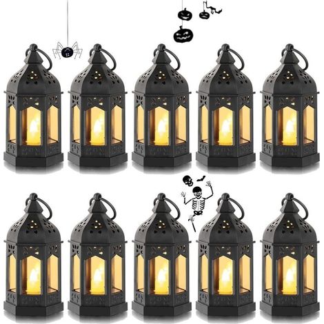 Mini Lanterne LED Exterieur - Lot de 10 Lanterne Bougie Noir Decorative Bougeoir pour Halloween, Ramadan, Mariage, Noel, Decoration de Table, Piles Incluses (1/4)