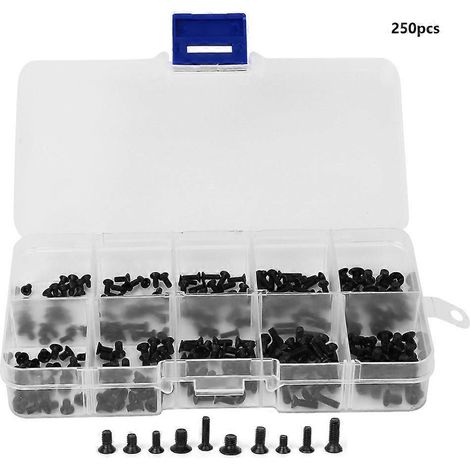 Vis à tête plate, empreinte cruciforme, noires, en acier au carbone, pour l'industrie électronique, lot de 250. (1/4)