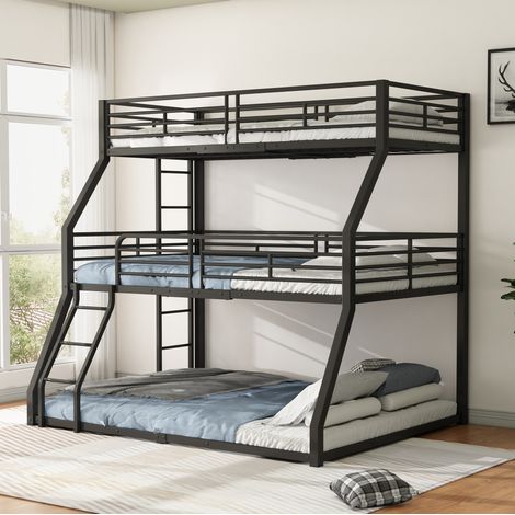 Lit superposé triple moderne 90x200 cm en métal noir, 207,6x147,6x206,2 cm, avec 2 échelles et garde-corps (1/5)