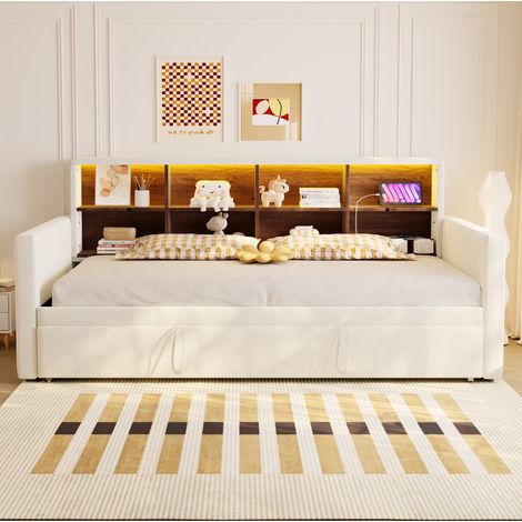 DESVIAE Lit de jour rembourré 90 x 190 cm avec lit gigogne tête de lit avec rangements LED prises USB Type C velours beige (1/5)