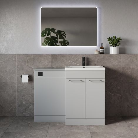 Napoli 390 Gloss Grey Pearl 1100mm 2 Door Vanity Unit Toilet Suite with Glide Basin - 1100mm - Matt Black 160mm HandleWithout Kingston Toilet Pan